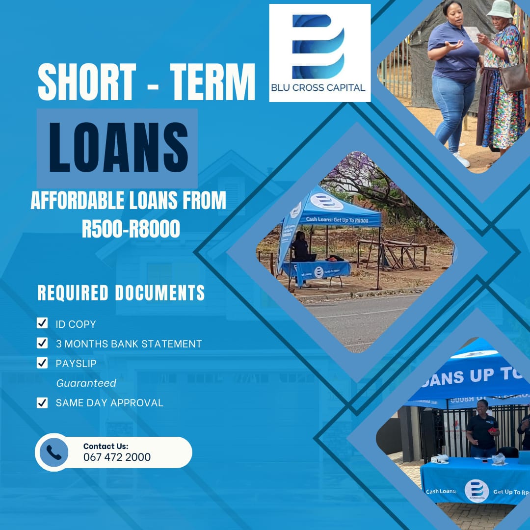BluCross Capital short-term loans poster: affordable loans from R500-R8000, required documents – ID copy, 3 months bank statement, payslip, same day approval